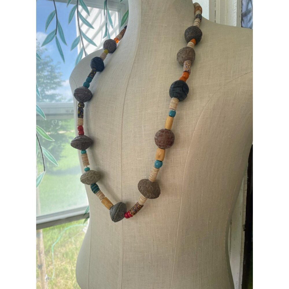 Vintage African Trade Bead Necklace HUGE Clay Beads millefiori Glass Sterling Cl - Picture 10 of 16